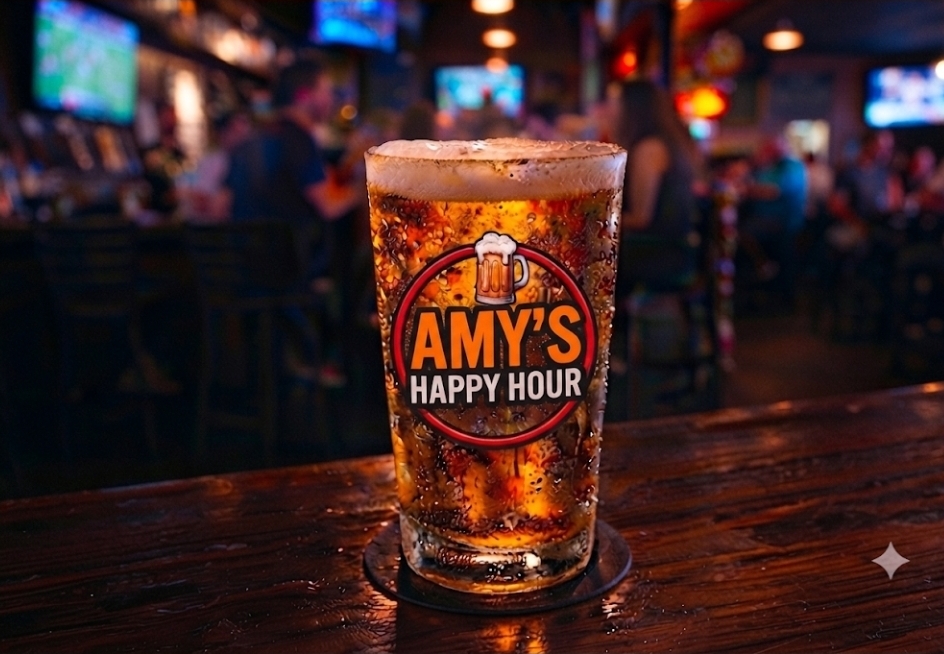 A cold pint branded Amy's Happy Hour on a Renton bar top